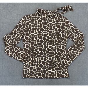 Y2K‎ Giraffe Print Tie Neck Top Women XS Brown Cream Animal Pattern Long Sleeve
